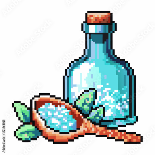 Pixel art potion bottle with leaves and spoon vintage fantasy magic elixir graphic