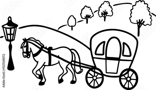 Vintage horse drawn carriage on a countryside road with trees and lamp post