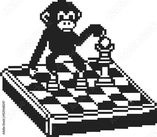 retro pixel art monkey playing chess on a checkered board vintage gaming, digital chessboard with playful primate character
