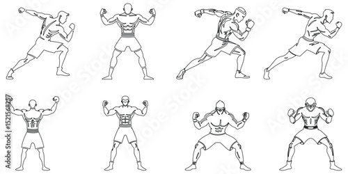 Bodybuilder outline vector set with flexing muscular poses and athletic fitness