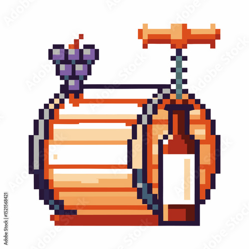 pixel art wine barrel with grapes and bottle showcasing vintage winemaking tradition
