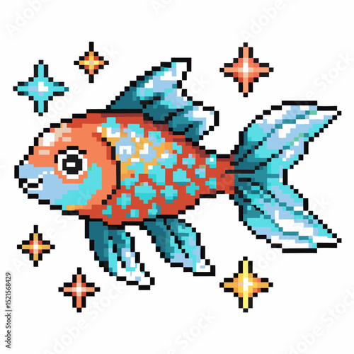 colorful pixel art fish with sparkling scales and vibrant aquatic stars