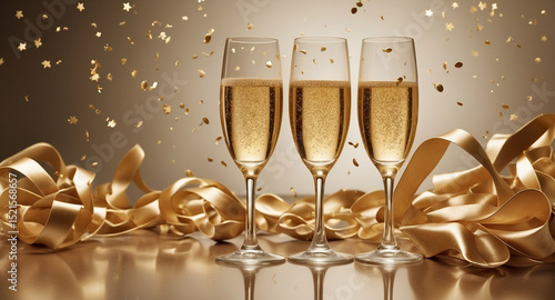 Wallpaper Mural Two champagne flutes toasting with gold ribbons and star confetti Torontodigital.ca