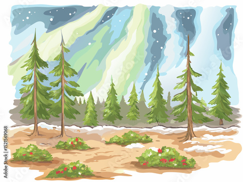 Colorful forest landscape with auroras and snow-covered ground  