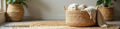 Cozy handwoven rug basket overflowing with soft blankets, perfect for storage and home decor Neutral tones, natural fibers, rustic charm, adding warmth to any room , rustic, wool, jute