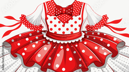 White and red polka dot bodice combined with a red tulle skirt, highlighted in a close-up. A playful yet dressy outfit that suits festive vector compositions with a childlike touch.