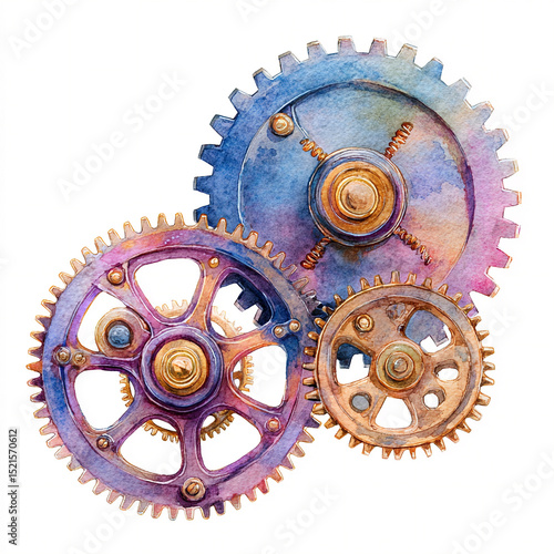Whimsical watercolor steampunk gears with vintage patina