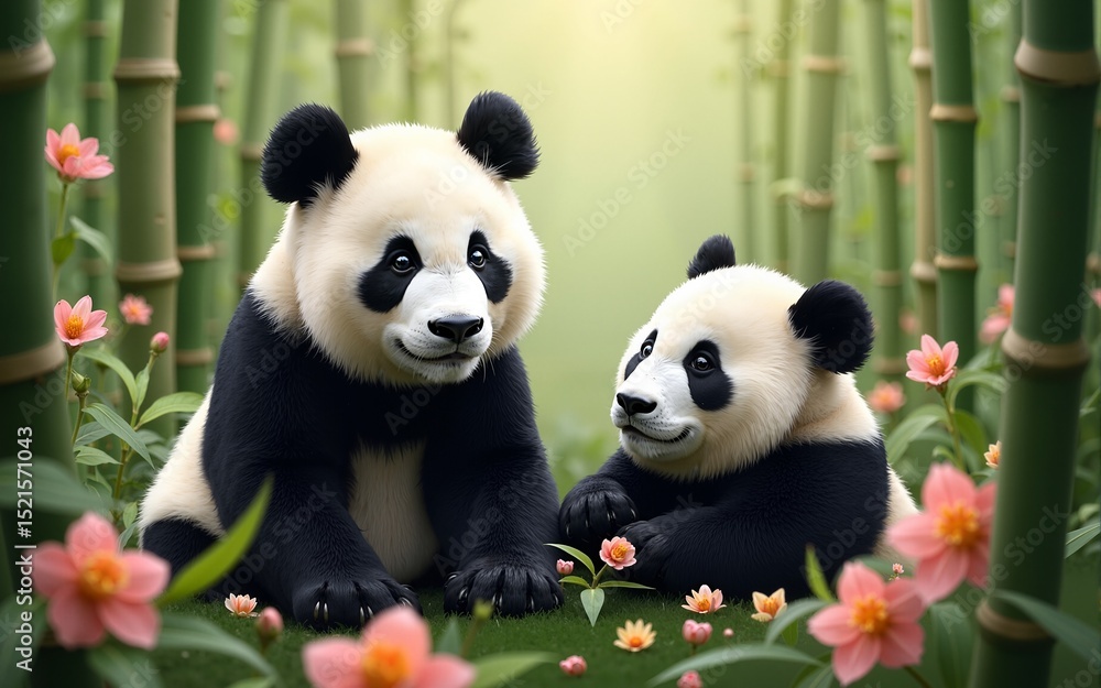 Obraz premium Two Pandas Among Bamboo and Blossoms. High quality