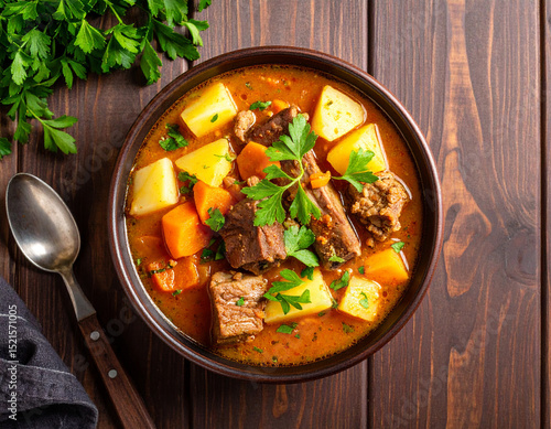 a bowl of beef ribs soup isolated on a wooden background, top view.