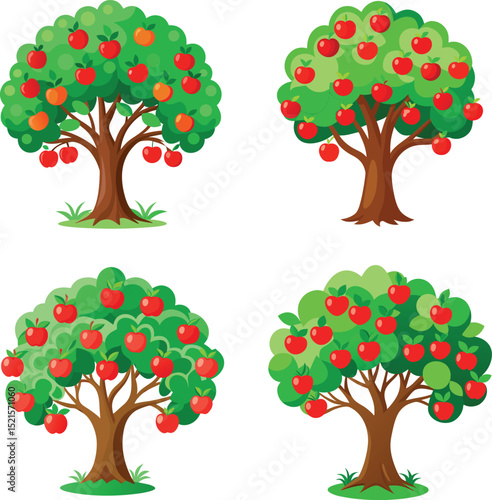 Four apple trees laden with ripe red apples in a vibrant orchard 
