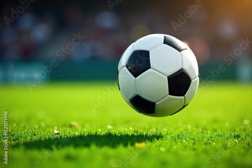 Action shot of a soccer ball in mid-air during a game, grass field background Dynamic, energetic, and captures the thrill of the sport , leisure, energy, healthy