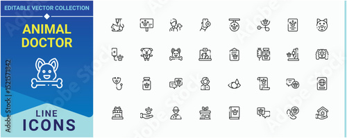 Animal Doctor icon pack. Pictograms of veterinary, pet, pharmacy, animal clinic, aid, vet and more. Pet Vet icon set. Minimal icons set. Editable stroke. Vector illustration.