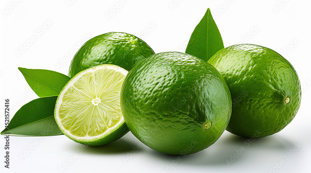 Limes with leaves with shadow on white background Limes with leaves with shadow on white background