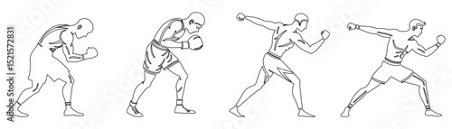 Boxing action outline set with step-by-step fighter movement in minimal sports illustration