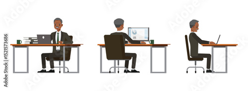 Senior businessman wear brown suit character set. Men sitting and working with laptop. Vector illustration cartoon design.