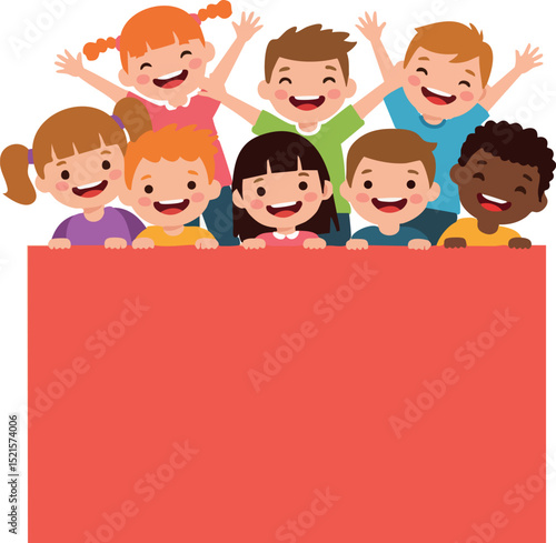 Happy diverse children holding red blank banner vector illustration with joyful expressions