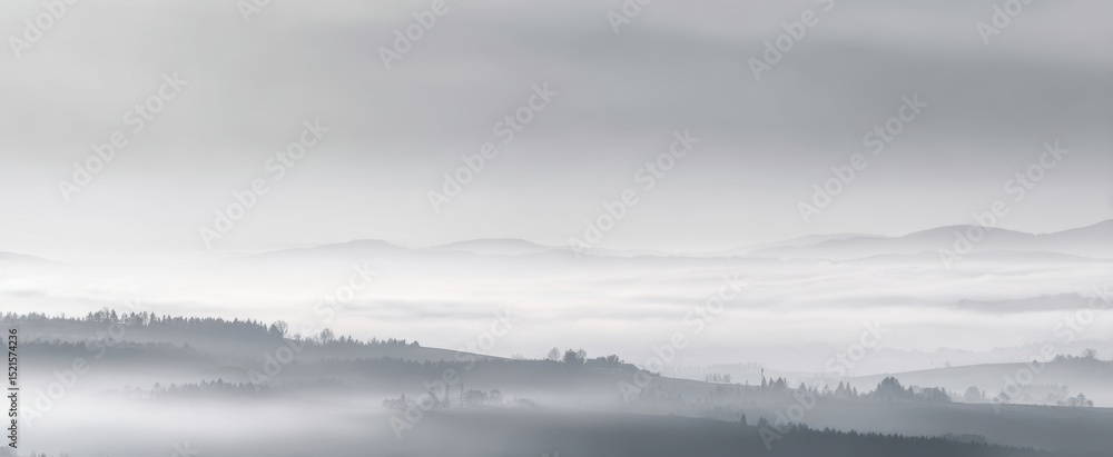 Fototapeta premium The Ethereal Landscape Shrouded in Mist and Fog at Dawn