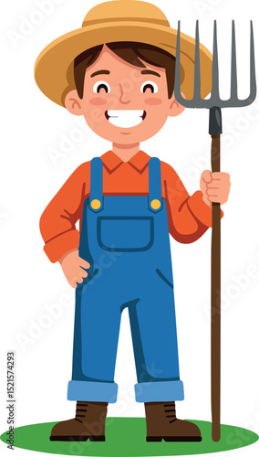 Young farmer holding pitchfork wearing hat and overalls smiling vector illustration