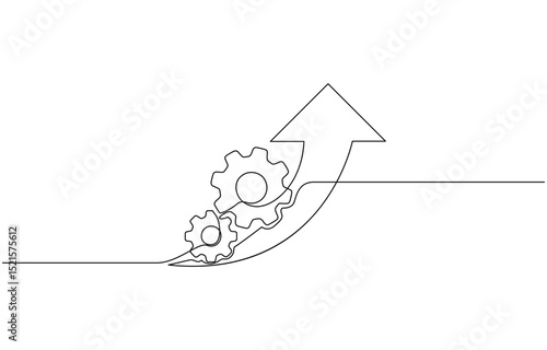 Continuous line drawing of gears with arrow, business growth, arrow up icon, Business growth. Object one line, single line art, vector illustration