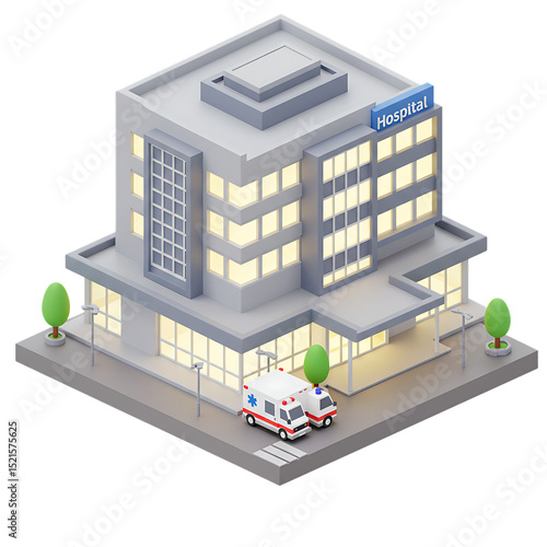 Isometric hospital building with ambulance