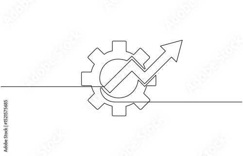 Continuous line drawing of gears with arrow, business growth, arrow up icon, Business growth. Object one line, single line art, vector illustration