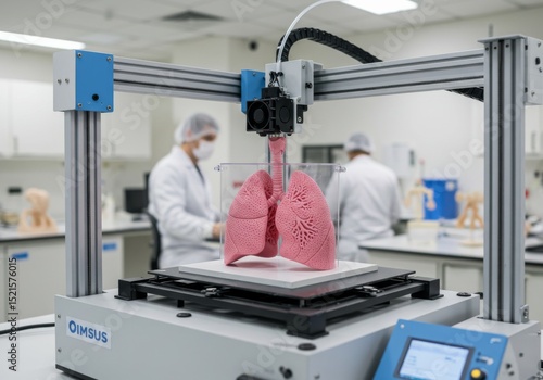 A 3d printer creating a detailed pink lung model used in medical research and biotechnology for educational anatomy or organ transplantation.