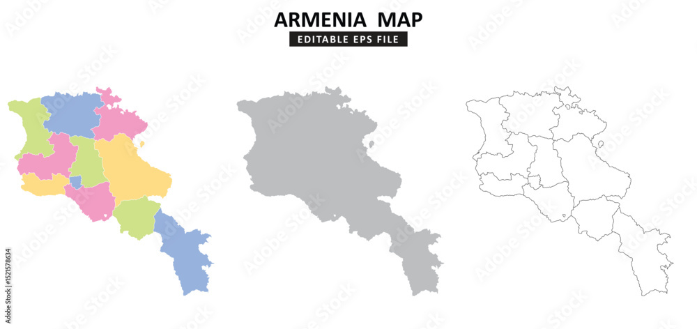 Fototapeta premium Armenia map variations are colour coded by regions, solid grey silhouette and outlined with regional borders.