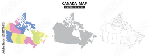 Canada map variations are colour coded by regions, solid grey silhouette and outlined with regional borders.