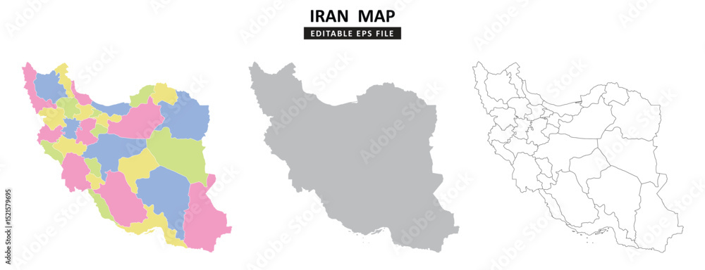Fototapeta premium Iran map variations are colour coded by regions, solid grey silhouette and outlined with regional borders.