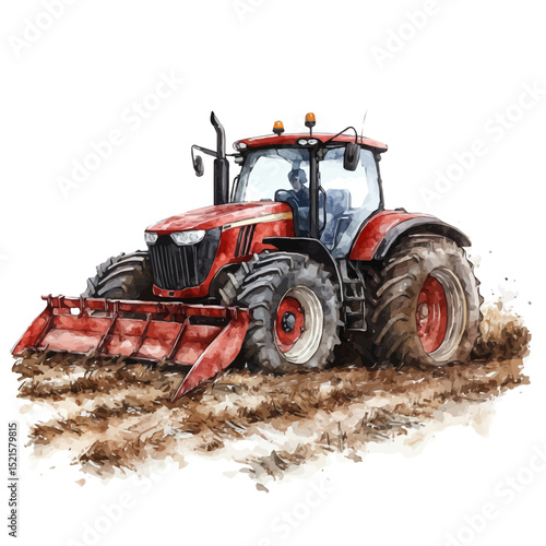 Farm Tractor Plowing Field, watercolor illustration vector, high quality, isolated on a white background.