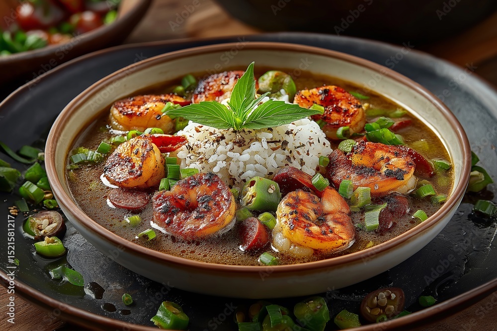 Close-up of gumbo, featuring shrimp, sausage, okra, white rice. Concept of gumbo emphasizes Louisiana sausage seafood stew delights and warmth. Close-up of gumbo, featuring shrimp, sausage, okra, white rice. Concept of gumbo emphasizes Louisiana sausage seafood stew delights and warmth.