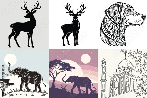 Animal silhouettes, and landmarks : A collection of artful illustrations featuring majestic animal silhouettes, and iconic architectural landmarks that evokes a sense of wilderness and wonder. 