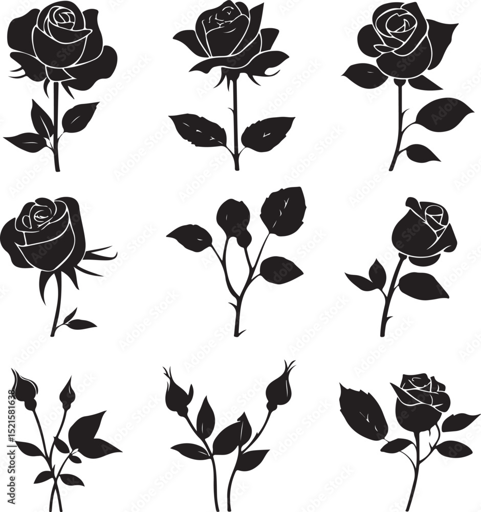 Fototapeta premium Black and white collection of rose icons in sketch style each one showing a different single long stemmed rose symbolic of love, vector illustration on black