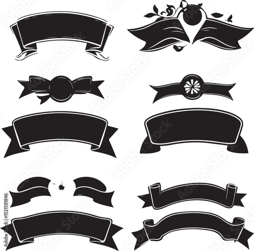 Set of ribbon banners, black silhouettes, vintage design elements, scrolls and ribbons, retro style graphics, decorative labels, curved banners