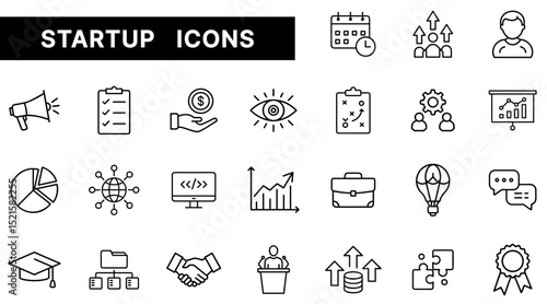Startup Business Outline Icons Set Featuring Planning, Investment, Growth, Networking, and Innovation Concepts