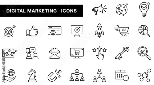 Digital Marketing Strategy Outline Icons Set Featuring SEO, Social Media, Targeting, Email, and Analytics