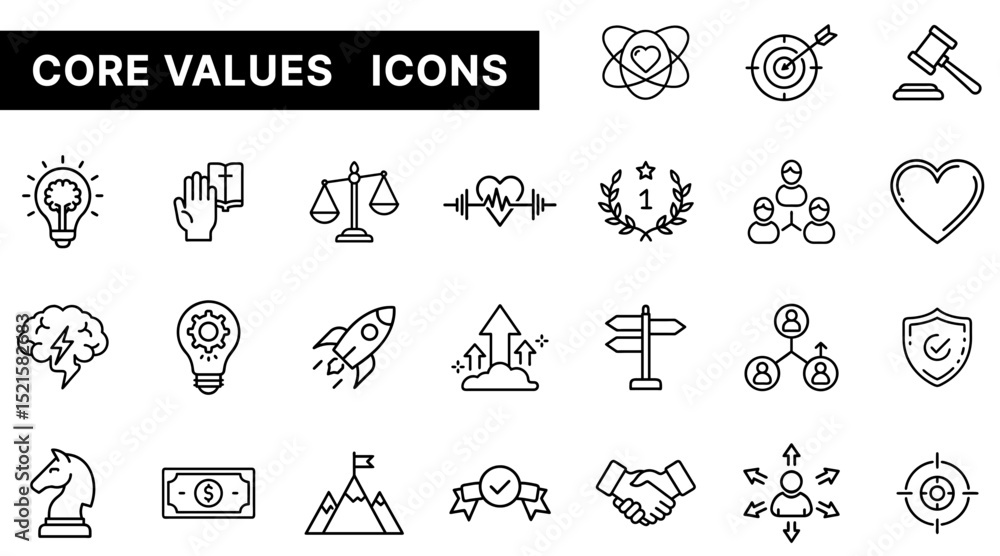 Fototapeta premium Core Values Outline Icons Set Featuring Ethics, Leadership, Integrity, Innovation, and Team Spirit