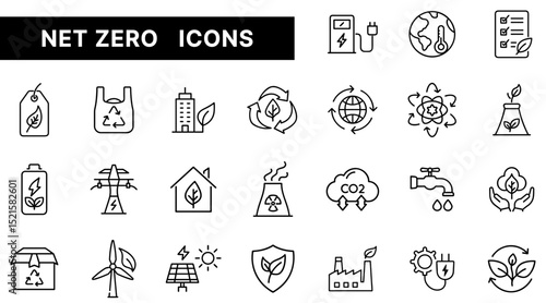 Net Zero and Sustainability Outline Icons Set Featuring Renewable Energy, Carbon Reduction, and Eco-Friendly Solutions