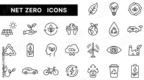 Net Zero Outline Icons Set Featuring Sustainability, Renewable Energy, Eco Transport, and Climate Action Symbols