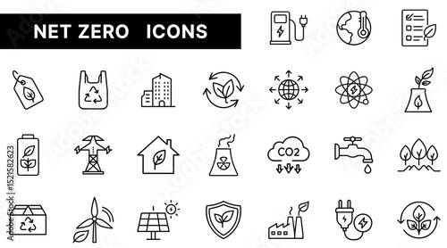 Net Zero and Sustainability Outline Icons Set Featuring Renewable Energy, Carbon Reduction, and Eco-Friendly Solutions