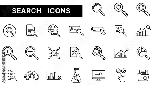 Search and Analysis Outline Icons Set Featuring Magnifying Glass, Data, and Exploration Concepts