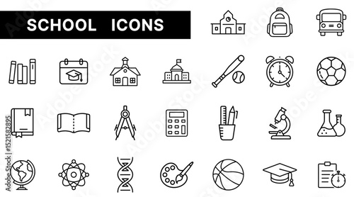 School and Education Outline Icons Set Featuring Learning, Science, and Classroom Elements