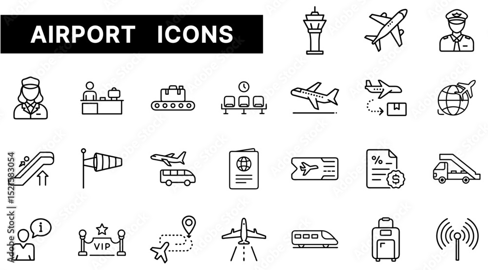 Fototapeta premium Airport Icon Set Featuring Airplanes, Passengers, Security, Terminals, and Travel Documents in Outline Style