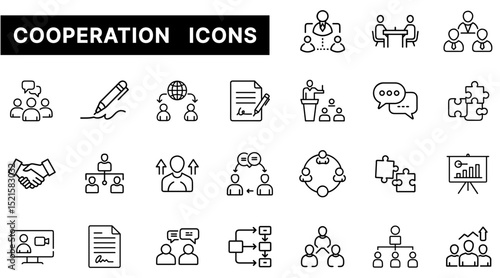 Cooperation Icon Set Featuring Teamwork, Collaboration, Networking, and Communication Elements in Outline Style