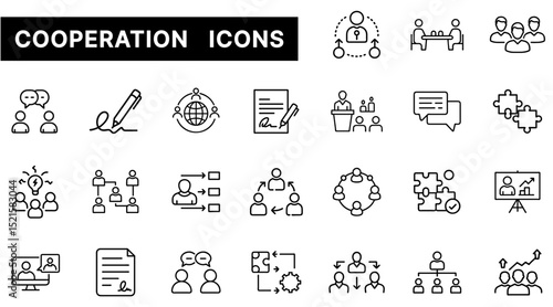 Cooperation Icon Set Featuring Teamwork, Collaboration, Networking, and Communication Elements in Outline Style
