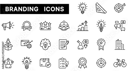 Branding Icon Set Featuring Marketing, Creativity, Identity, Awards, and Business Elements in Outline Style