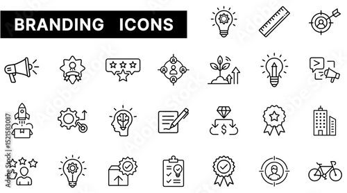 Branding Icon Set Featuring Marketing, Creativity, Identity, Awards, and Business Elements in Outline Style