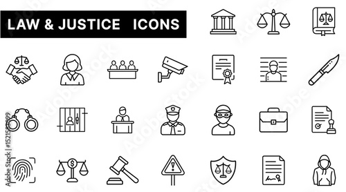 Law and Justice Icon Set Featuring Legal Symbols, Court Elements, Police, and Crime Tools in Outline Style