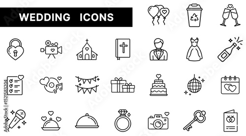 Wedding Icon Set Featuring Rings, Church, Dresses, Decorations, and Celebration Essentials in Outline Style