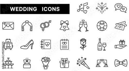 Wedding Icon Set Featuring Ceremony, Rings, Flowers, Gifts, and Celebration Elements in Outline Style